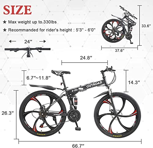 26" Folding Mountain Bike, Carbon Steel Frame, 21-speed