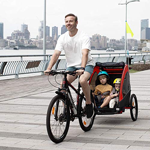 Aosom Bike Trailer for Kids 3 In1 Foldable Child Jogger Stroller Baby Stroller Transport Carrier with Shock Absorber System Rubber Tires Adjustable Handlebar Kid Bicycle Trailer Red and Grey