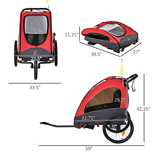 Aosom Bike Trailer for Kids 3 In1 Foldable Child Jogger Stroller Baby Stroller Transport Carrier with Shock Absorber System Rubber Tires Adjustable Handlebar Kid Bicycle Trailer Red and Grey