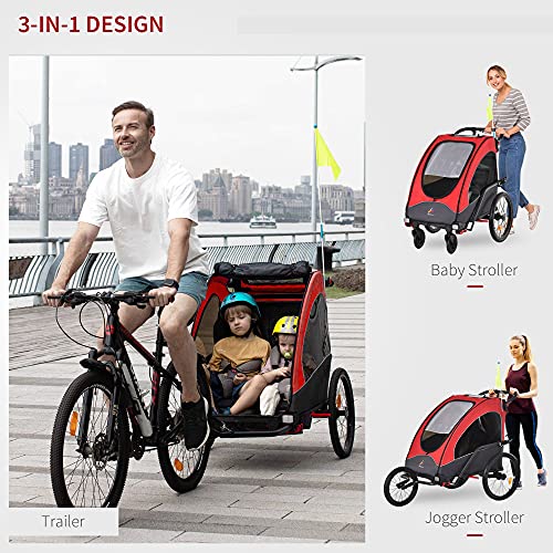 Aosom Bike Trailer for Kids 3 In1 Foldable Child Jogger Stroller Baby Stroller Transport Carrier with Shock Absorber System Rubber Tires Adjustable Handlebar Kid Bicycle Trailer Red and Grey