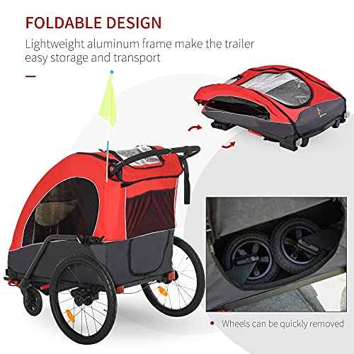 Aosom Bike Trailer for Kids 3 In1 Foldable Child Jogger Stroller Baby Stroller Transport Carrier with Shock Absorber System Rubber Tires Adjustable Handlebar Kid Bicycle Trailer Red and Grey