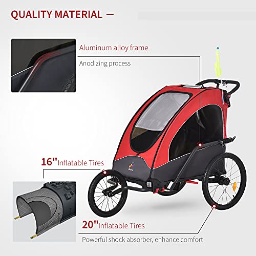 Aosom Bike Trailer for Kids 3 In1 Foldable Child Jogger Stroller Baby Stroller Transport Carrier with Shock Absorber System Rubber Tires Adjustable Handlebar Kid Bicycle Trailer Red and Grey
