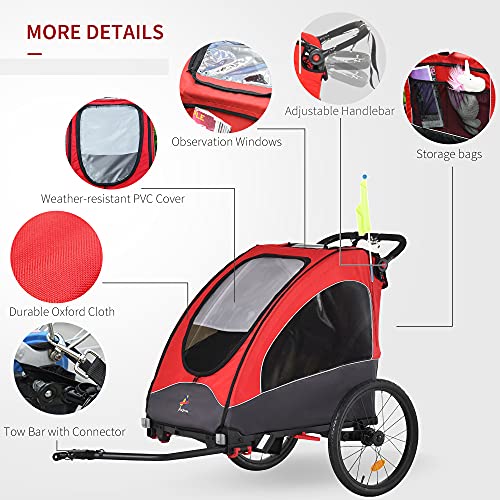 Aosom Bike Trailer for Kids 3 In1 Foldable Child Jogger Stroller Baby Stroller Transport Carrier with Shock Absorber System Rubber Tires Adjustable Handlebar Kid Bicycle Trailer Red and Grey