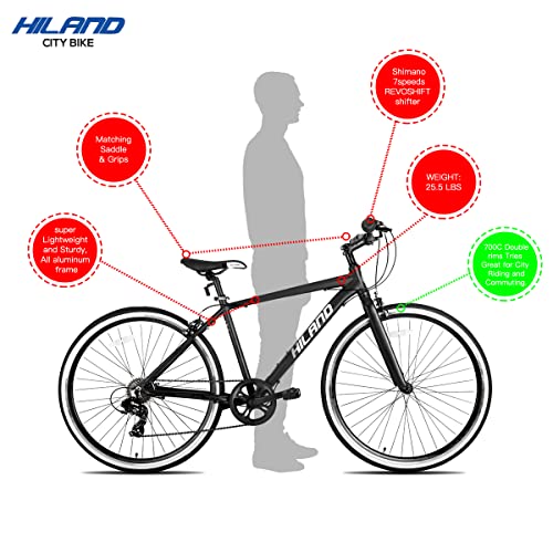 Hiland Hybrid Bike, Shimano Drivetrain 7 Speeds, 700C Wheels for Men Women Ladies Commuter Bike City Bike