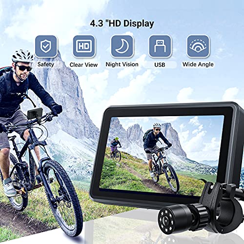 FEISIKE Handlebar Bike Mirror, Bicycle Rear View camera with 4.3'' HD Night Vision Function, 145° Wide Angle View, Adjustable Rotatable Bracket, Compatible with Bicycle, Mountain, Road Bike
