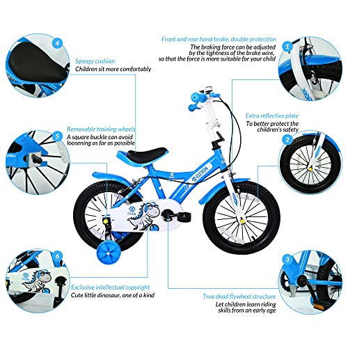 Elevon Dinos Kids Bike Kids Bicycle with Removable Training Wheels and Basket 12 Inch 14 Inch 16 Inch 18 Inch for Boys Girls Ages 2-9 Years Old