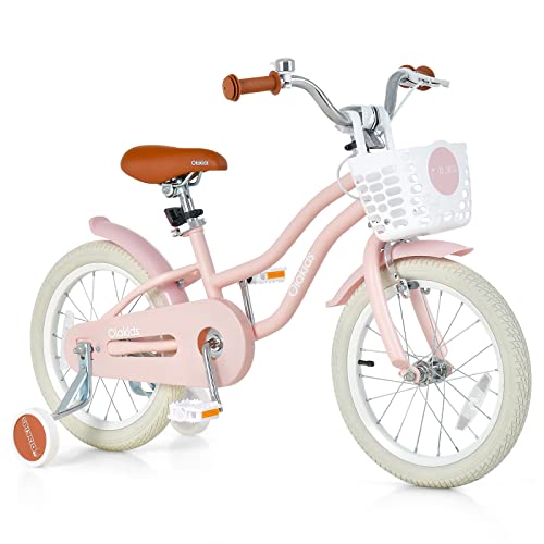 Olakids Kids Bike, 12 14 16 Inch Children's Bicycle with Removable Basket and Training Wheels, Safety Bell, Adjustable Seat and Handlebar, Pink Girls Bike for Toddlers Age 3-8 Years Old