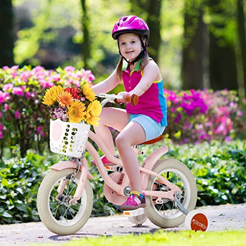 Olakids Kids Bike, 12 14 16 Inch Children's Bicycle with Removable Basket and Training Wheels, Safety Bell, Adjustable Seat and Handlebar, Pink Girls Bike for Toddlers Age 3-8 Years Old
