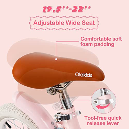 Olakids Kids Bike, 12 14 16 Inch Children's Bicycle with Removable Basket and Training Wheels, Safety Bell, Adjustable Seat and Handlebar, Pink Girls Bike for Toddlers Age 3-8 Years Old