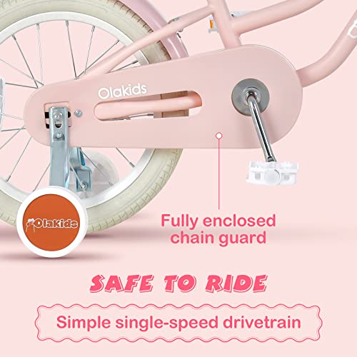 Olakids Kids Bike, 12 14 16 Inch Children's Bicycle with Removable Basket and Training Wheels, Safety Bell, Adjustable Seat and Handlebar, Pink Girls Bike for Toddlers Age 3-8 Years Old