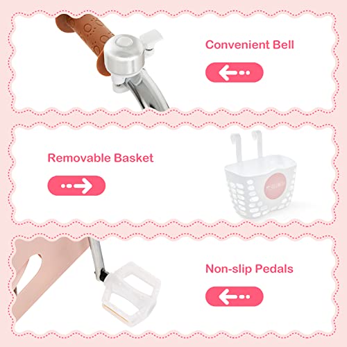 Olakids Kids Bike, 12 14 16 Inch Children's Bicycle with Removable Basket and Training Wheels, Safety Bell, Adjustable Seat and Handlebar, Pink Girls Bike for Toddlers Age 3-8 Years Old