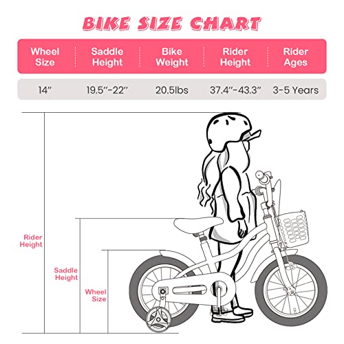 Olakids Kids Bike, 12 14 16 Inch Children's Bicycle with Removable Basket and Training Wheels, Safety Bell, Adjustable Seat and Handlebar, Pink Girls Bike for Toddlers Age 3-8 Years Old