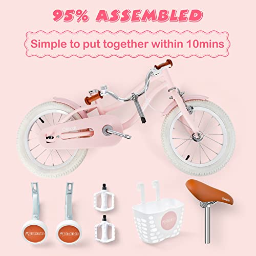Olakids Kids Bike, 12 14 16 Inch Children's Bicycle with Removable Basket and Training Wheels, Safety Bell, Adjustable Seat and Handlebar, Pink Girls Bike for Toddlers Age 3-8 Years Old