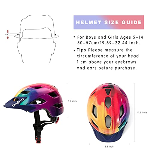 OnBros Kids Bike Helmet - Bike Helmet for 5-14 Boys or Girls with Visor, Children Bicycle Helmet for Skateboard Mountain Scooter Road Cycling, Lightweight and Adjustable 50-57CM (Rainbow1)