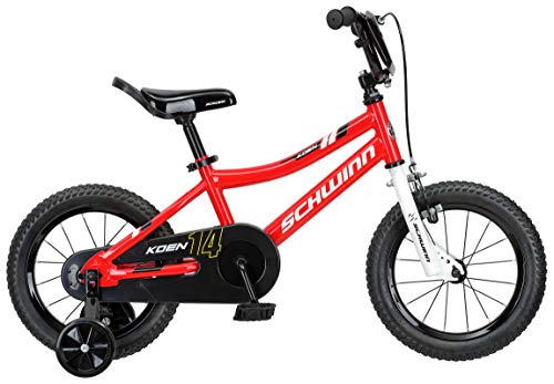 Schwinn Koen & Elm Toddler and Kids Bike, For Girls and Boys, 14-Inch Wheels, BMX Style, With Saddle Handle, Training Wheels Included, Chain Guard, and Number Plate, Red