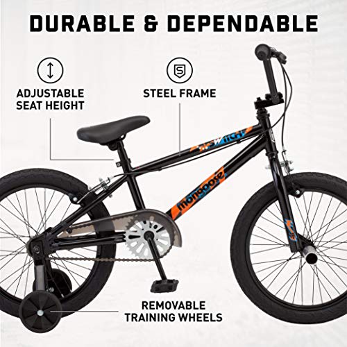 Mongoose Switch Kids BMX Bike, Boys and Girls Bicycle Ages 5-8 Years, 18 Inch Wheels, Bike with Training Wheels, Low Stand Over Frame, Foot and Hand Brakes,Black