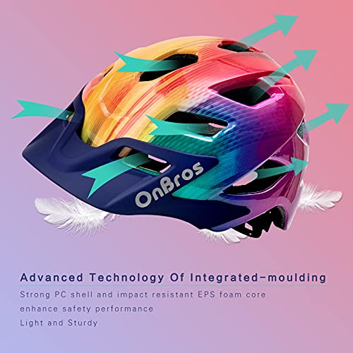 OnBros Kids Bike Helmet - Bike Helmet for 5-14 Boys or Girls with Visor, Children Bicycle Helmet for Skateboard Mountain Scooter Road Cycling, Lightweight and Adjustable 50-57CM (Rainbow1)