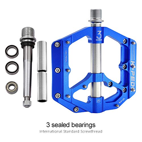 K PEDC Aluminum Alloy 9/16" Bike Pedal MTB Wide Platform Flat Non-Slip Bicycle Pedals with 3 Bearings for Mountain Bikes, Road, BMX