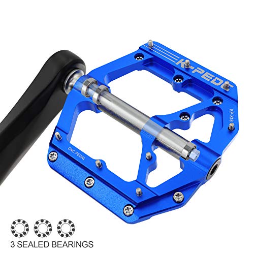 K PEDC Aluminum Alloy 9/16" Bike Pedal MTB Wide Platform Flat Non-Slip Bicycle Pedals with 3 Bearings for Mountain Bikes, Road, BMX