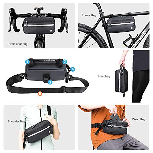 Bike Handlebar Bag Storage Pouch for Bicycle Front Bike Rack Bag for Mountain Bike, Road Bike With Reflective Strip 5 IN 1 Chest Shoulder Hand Waist Bag (Black)