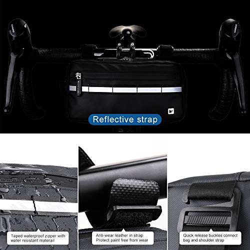 Bike Handlebar Bag Storage Pouch for Bicycle Front Bike Rack Bag for Mountain Bike, Road Bike With Reflective Strip 5 IN 1 Chest Shoulder Hand Waist Bag (Black)
