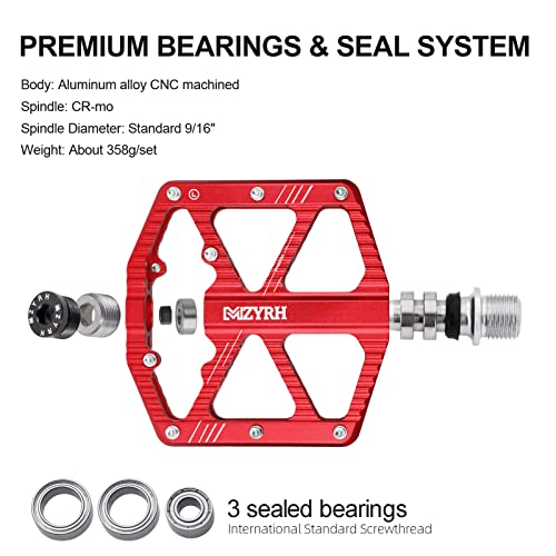 MZYRH Road/Mountain Bike Pedals,Bicycle Pedals with Reflectors,3 Bearings 9/16” Aluminum Alloy MTB Pedals Lightweight Platform for Road