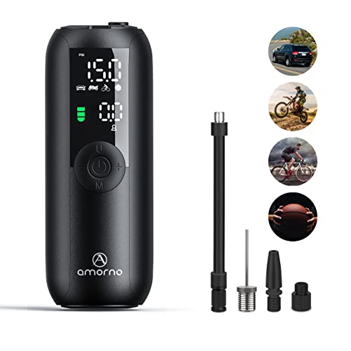 Portable Air Compressor Mini Bike Pump, AMORNO 150 PSI Electric Tire Pump Handheld Inflator with Digital LCD Screen LED Lights for Cars Bike Motorcycles Balls and Other Inflatables (Black)