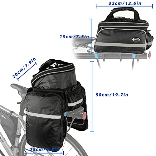 REYGEAK Bike Rack Bag, 25L Multi-functional Polyester Saddle Trunk Shoulder Panniers for Bicycle, Black Large Capacity Extensible Luggage for Adults, with Rainproof Cover