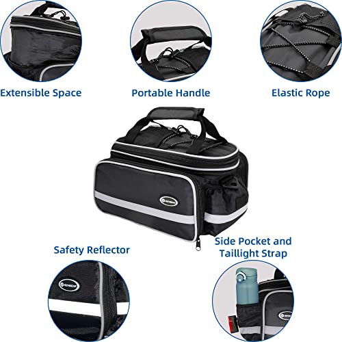 REYGEAK Bike Rack Bag, 25L Multi-functional Polyester Saddle Trunk Shoulder Panniers for Bicycle, Black Large Capacity Extensible Luggage for Adults, with Rainproof Cover