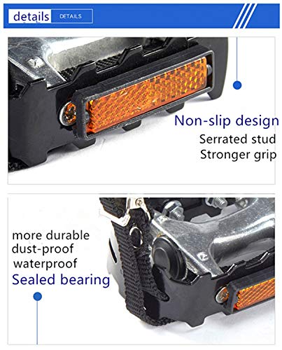 YBEKI Bike Pedals with Toe Clip and Straps, for Exercise Bike, Spin Bike and Outdoor Bicycles, 9/16-Inch Spindle Resin/Alloy Bicycle Pedals, Half Year Warranty