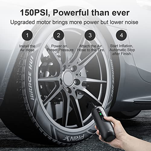 Portable Air Compressor Mini Bike Pump, AMORNO 150 PSI Electric Tire Pump Handheld Inflator with Digital LCD Screen LED Lights for Cars Bike Motorcycles Balls and Other Inflatables (Black)