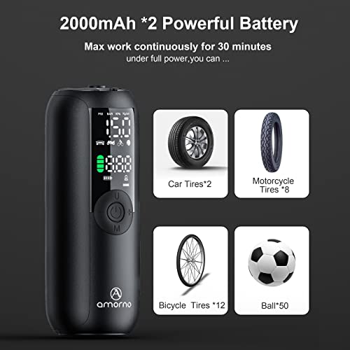 Portable Air Compressor Mini Bike Pump, AMORNO 150 PSI Electric Tire Pump Handheld Inflator with Digital LCD Screen LED Lights for Cars Bike Motorcycles Balls and Other Inflatables (Black)