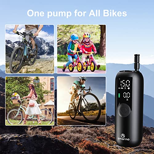 Portable Air Compressor Mini Bike Pump, AMORNO 150 PSI Electric Tire Pump Handheld Inflator with Digital LCD Screen LED Lights for Cars Bike Motorcycles Balls and Other Inflatables (Black)