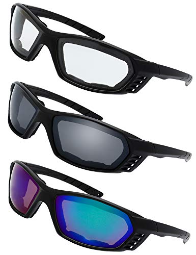 The Fresh Motorcycle Riding Glasses Padded Frame Lens Block 100% UVB for Outdoor Activity Sport (25M-Matte Black, Clear, Grey, & Green Mirror)