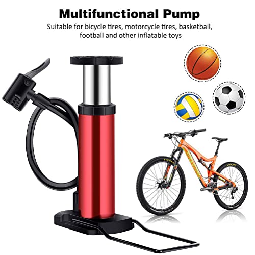 Bike Pump, Mini Bicycle Pump Portable Bike Floor Pump with Presta and Schrader Valves Aluminum Alloy Floor Bicycle Air Pump Compact Mini Bike Tire Pump, Extra Valve and Gas Needle for All Bike -Red