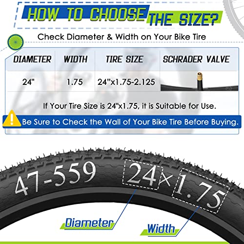 2-Pack Bike Inner Tube for 24 X 1.75/1.95/2.10/2.125", Premium 24x1.95 Bicycle Tube with 32 mm Schrader Valve 2PCS Levers, 24x2.125 Tube Compatible with Road/MTB/Kids Bike by Hydencamm (2 of One Size)