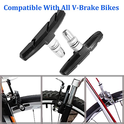 Bike Brake Pads Set, Qidoe 4PCS Road Mountain Bicycle V-Brake Blocks Shoes with Hex Nut and Shims, Universal Bicycle Brakes Pads for Front and Back Wheel, No Noise No Skid-70mm
