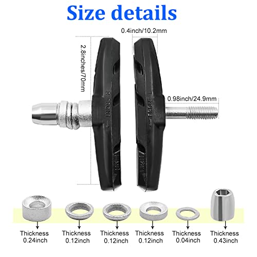 Bike Brake Pads Set, Qidoe 4PCS Road Mountain Bicycle V-Brake Blocks Shoes with Hex Nut and Shims, Universal Bicycle Brakes Pads for Front and Back Wheel, No Noise No Skid-70mm