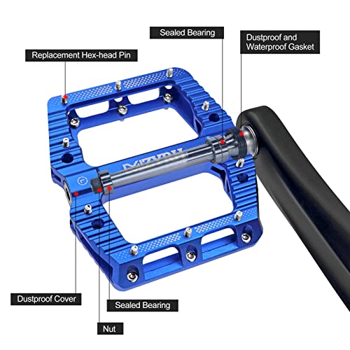 MZYRH Road/Mountain Bike Pedals MTB Pedals Bicycle Flat Pedals 3 Bearings 9/16” Aluminum Alloy Bicycle Platform Pedals for BMX MTB (Blue)