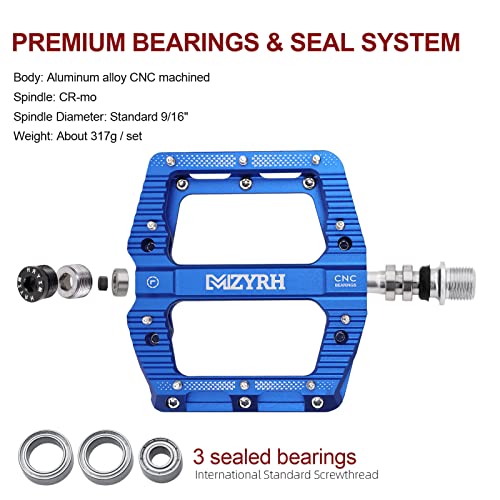 MZYRH Road/Mountain Bike Pedals MTB Pedals Bicycle Flat Pedals 3 Bearings 9/16” Aluminum Alloy Bicycle Platform Pedals for BMX MTB (Blue)