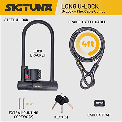 Sigtuna Extra Long Bike Lock Heavy Duty Anti Theft, 16mm Bike U Lock with Ulock Shackle and Bicycle Lock Mount Holder and 4ft Cable