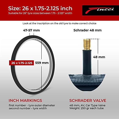 Fincci Pair Bike Inner Tube 26 x 1.75-2.125 Inch 48mm Schrader Valve Inner Tubes for Mountain MTB Bicycle - Compatible Sizes: 1.75/1.85 1.95/2.0/2.10/2.125