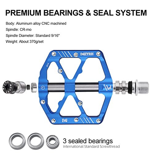 MZYRH Mountain Bike Pedals,Bicycle Pedals with Reflectors,Lightweight Aluminum Alloy MTB Pedals 3 Sealed Bearings Bicycle Platform Pedals 9/16" BMX Road Bike Pedal