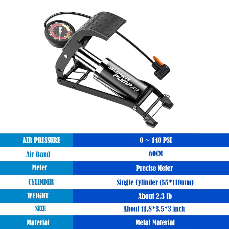 Portable Bike Tire Pump with Pressure Gauge