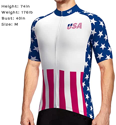Lo.gas USA Cycling Jersey Men Short Sleeve Bike Biking Shirts American Flag Road Bicycle Clothing Full Zip with Pockets