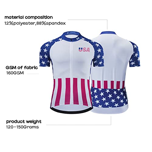 Lo.gas USA Cycling Jersey Men Short Sleeve Bike Biking Shirts American Flag Road Bicycle Clothing Full Zip with Pockets