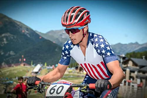 Lo.gas USA Cycling Jersey Men Short Sleeve Bike Biking Shirts American Flag Road Bicycle Clothing Full Zip with Pockets