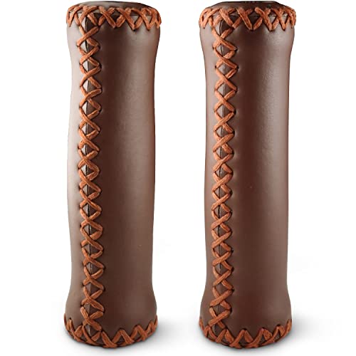 MARQUE Cruiser Bike Handlebar Grips - Vintage Stitched Vinyl Leather Grips for 7/8" Cruiser Bike Handlebar Bicycles (Brown)