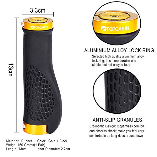 TOPCABIN Bike Grips,Ergonomic Design Bicycle Grips Widen Holding Rubber Bike Handlebar Grips with Aluminum LockGrips for Bike Mountain Road MTB (Aluminum Lock Plug+Grips (Gold 1 Pair))