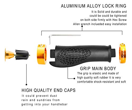 TOPCABIN Bike Grips,Ergonomic Design Bicycle Grips Widen Holding Rubber Bike Handlebar Grips with Aluminum LockGrips for Bike Mountain Road MTB (Aluminum Lock Plug+Grips (Gold 1 Pair))